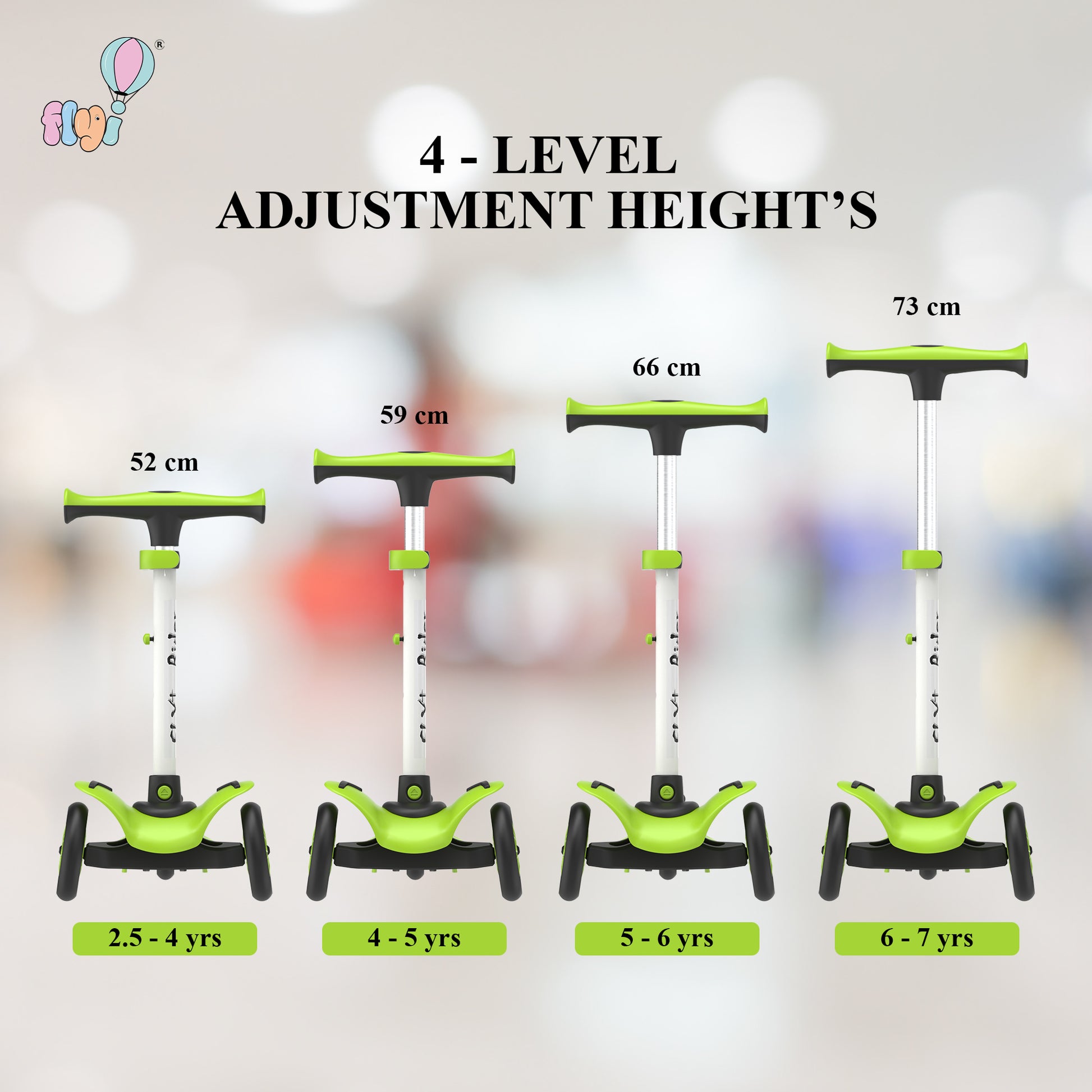 FLYI Kids Scooter with 4-level height adjustments for ages 2.5 to 7 years, showcasing different height settings.