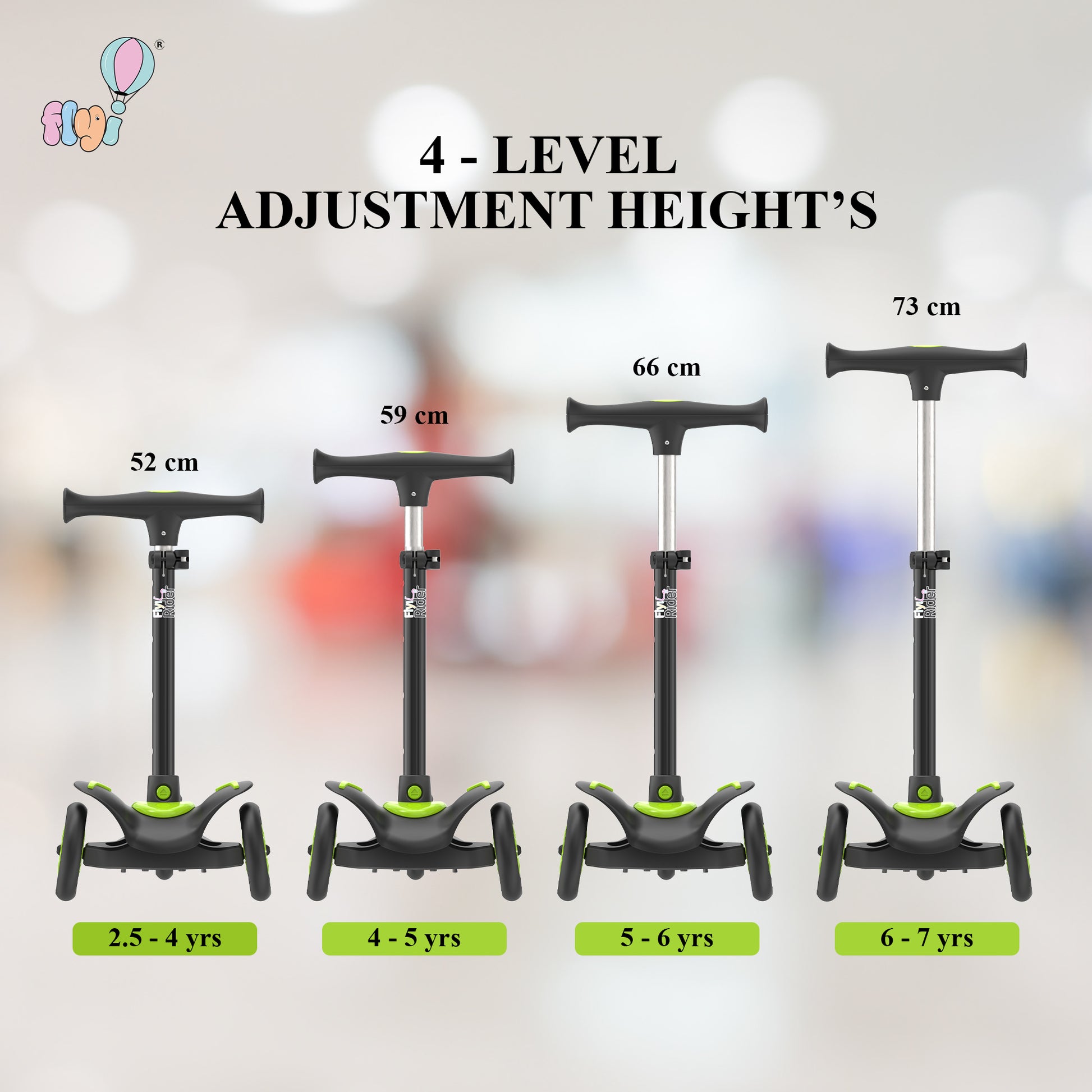 FLYI Scooter for Kids (Black-Green) - Multi-Level Height Adjustment, Wide Brakes, Lightweight.