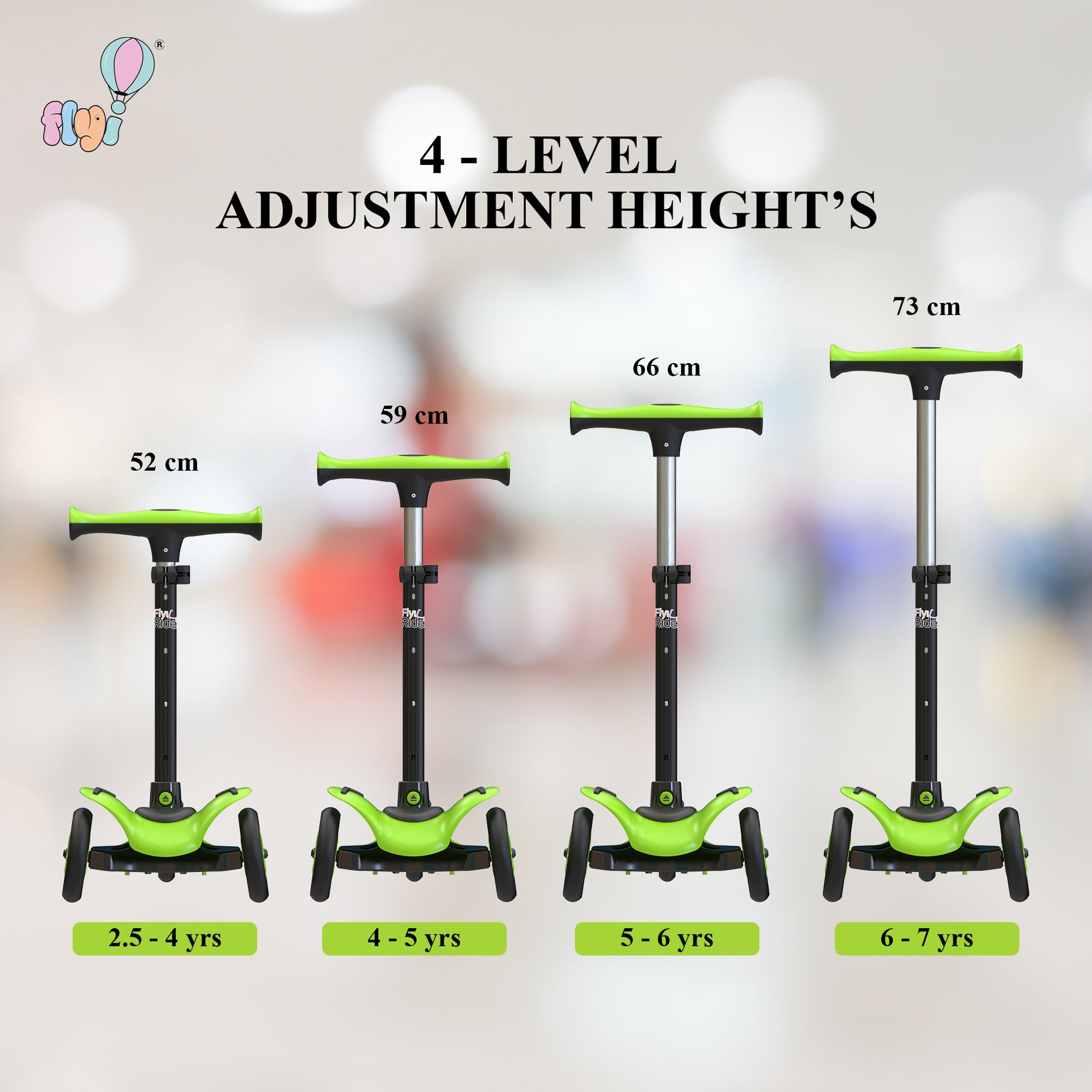 FLYI Kids Scooter (Green) - Multi-Level Height Adjustment, Wide Brakes, Lightweight.