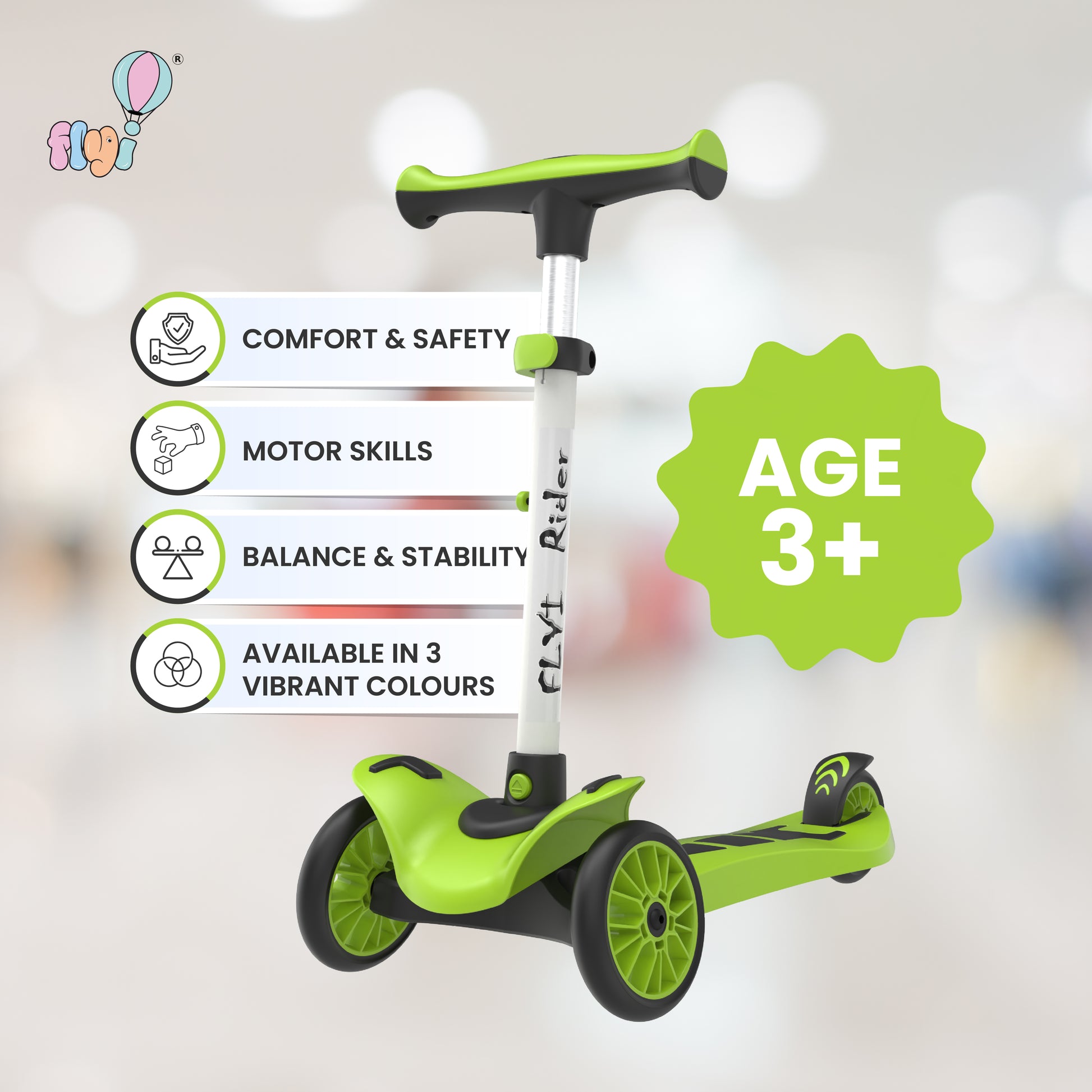 FLYI Kids Scooter in green, features include comfort, safety, motor skills enhancement, suitable for ages 3+, and available in three vibrant colors.