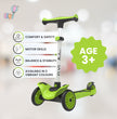 FLYI Kids Scooter in green, features include comfort, safety, motor skills enhancement, suitable for ages 3+, and available in three vibrant colors.