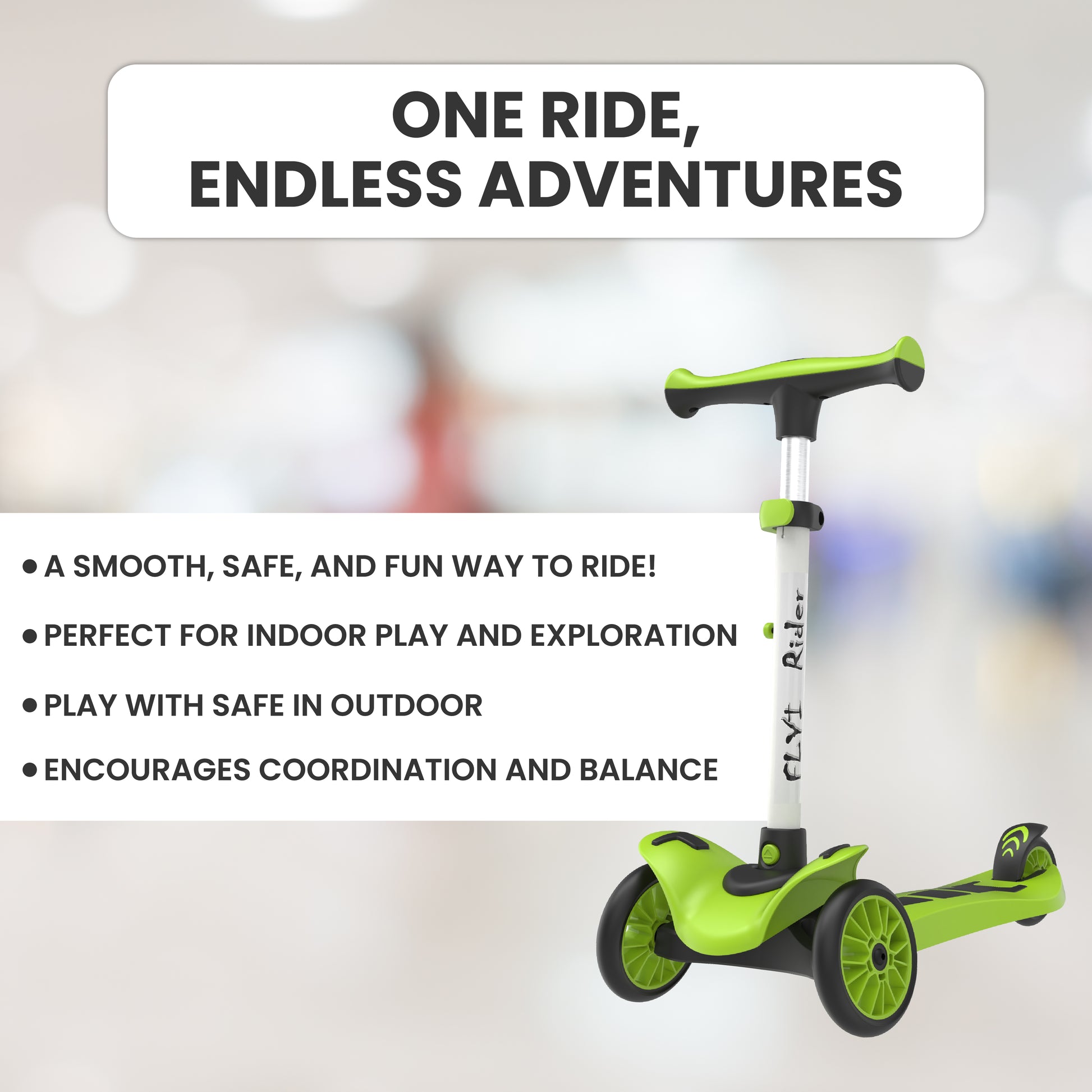 FLYI Kids Scooter in green with text promoting safe, fun riding for indoor and outdoor adventures, encouraging coordination and balance.