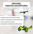 FLYI Kids Scooter in green with text promoting safe, fun riding for indoor and outdoor adventures, encouraging coordination and balance.