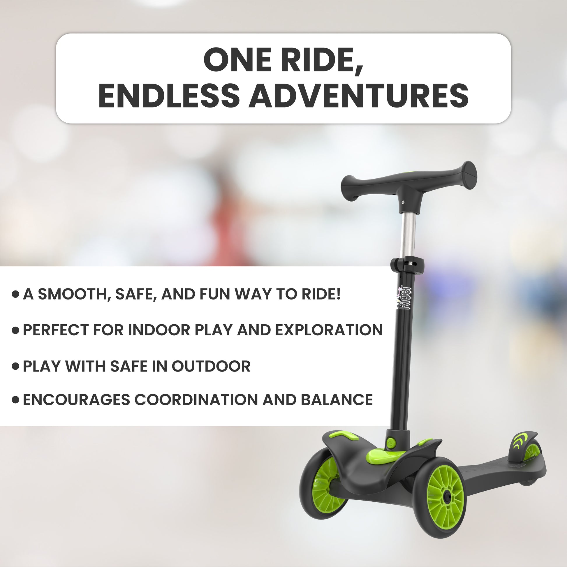 FLYI Kids Scooter (Black-Green) - Multi-Level Height Adjustment, Wide Brakes, Lightweight.