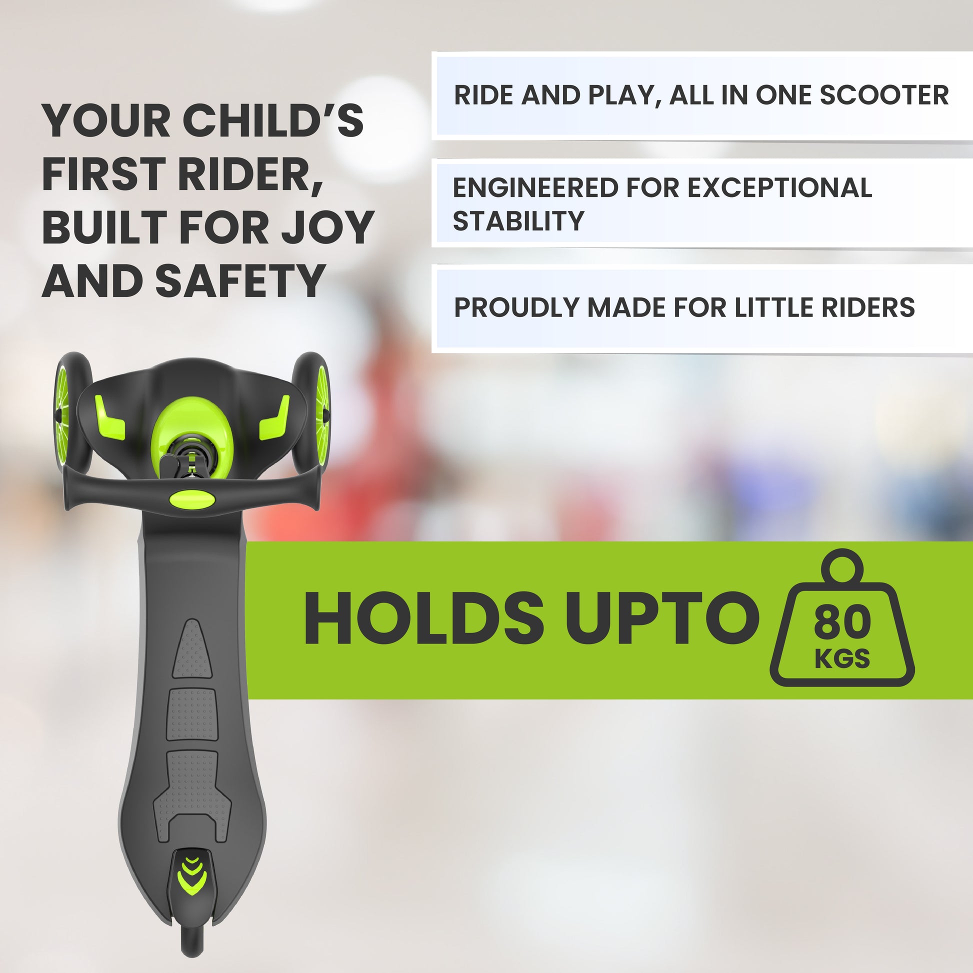 FLYI Kids Scooter (Black-Green) - Multi-Level Height Adjustment, Wide Brakes, Lightweight.