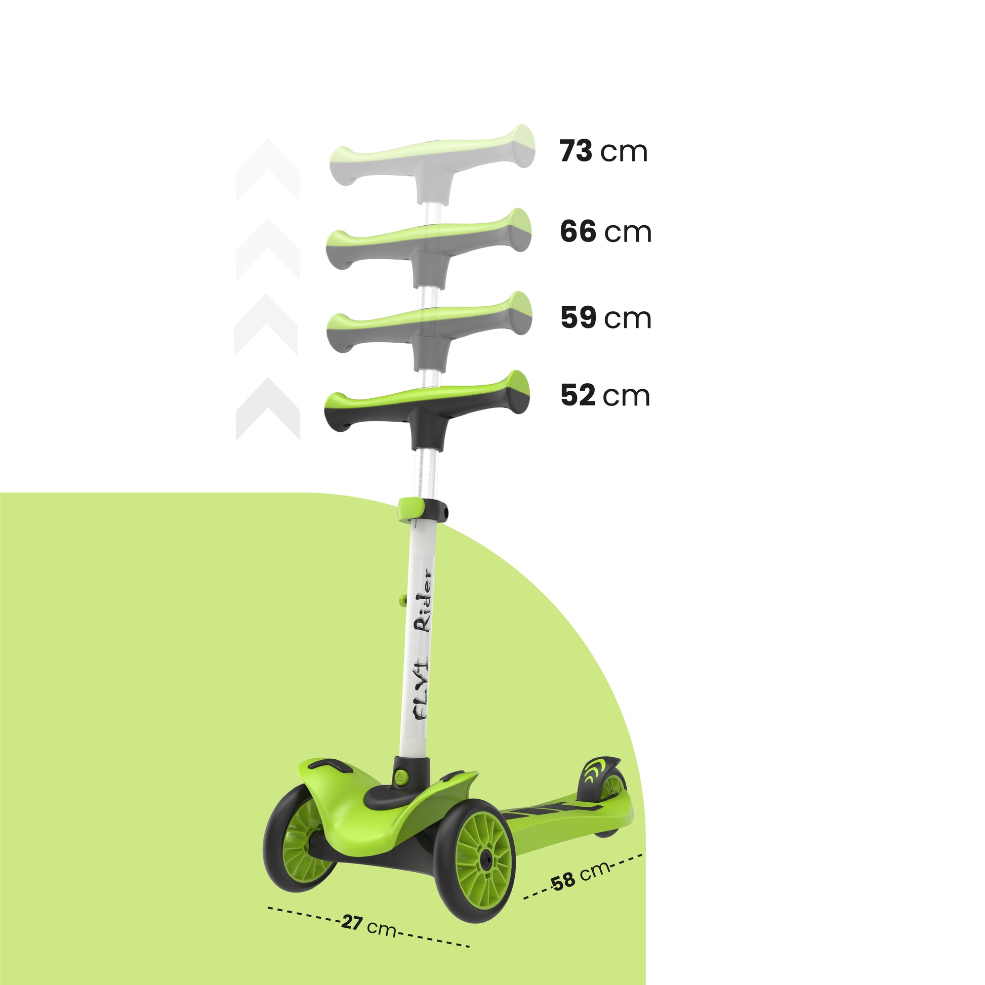 FLYI Kids Scooter (Green) - Multi-Level Height Adjustment, Wide Brakes, Lightweight.