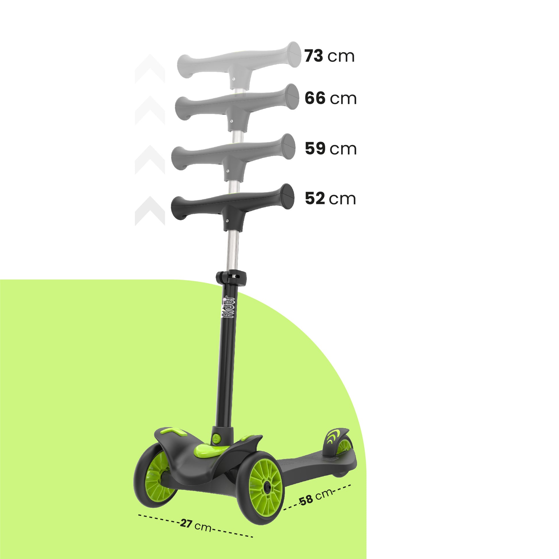 FLYI Kids Scooter (Black-Green) - Multi-Level Height Adjustment, Wide Brakes, Lightweight.