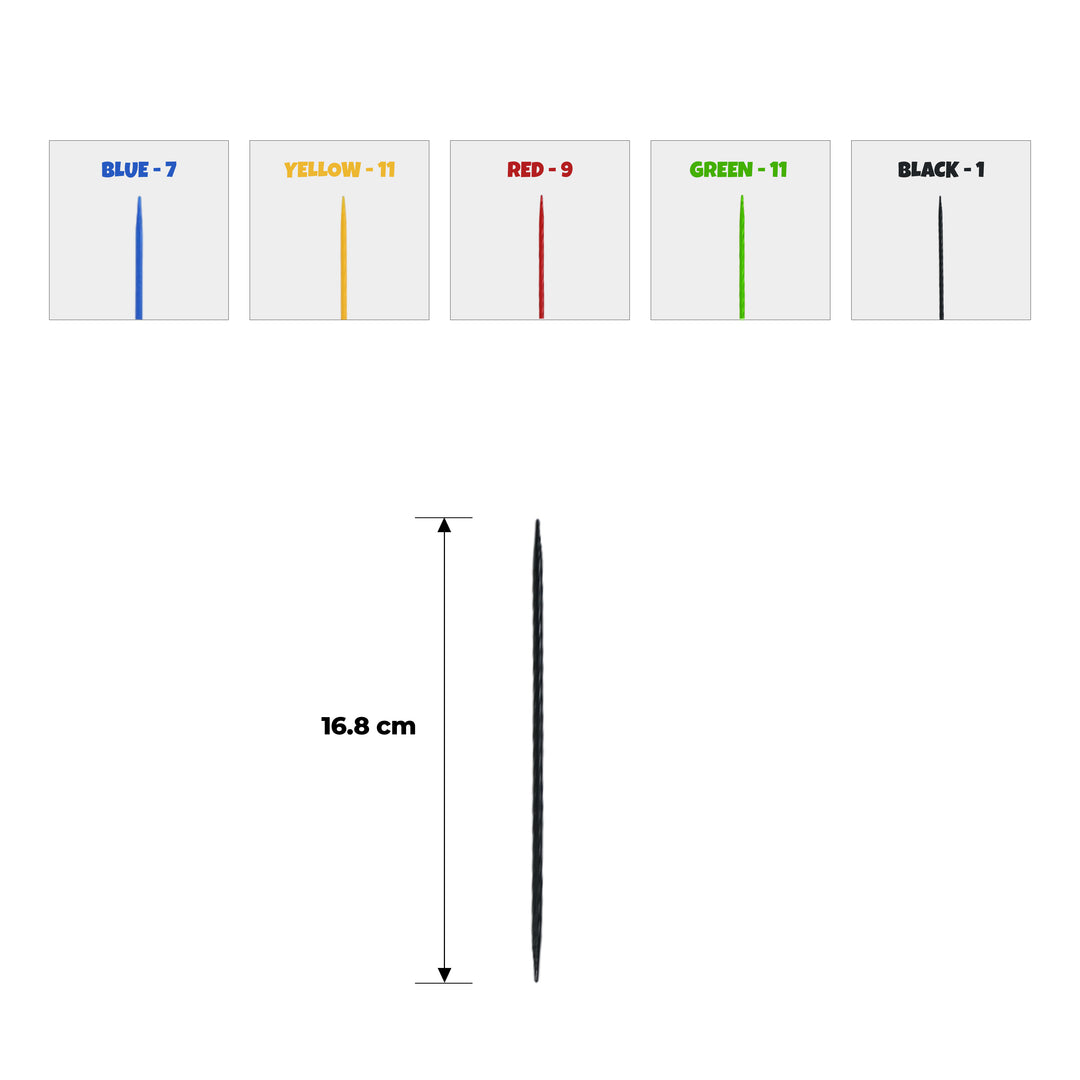 Color swatches with labeled colors and quantities, next to a black needle with measurement details.